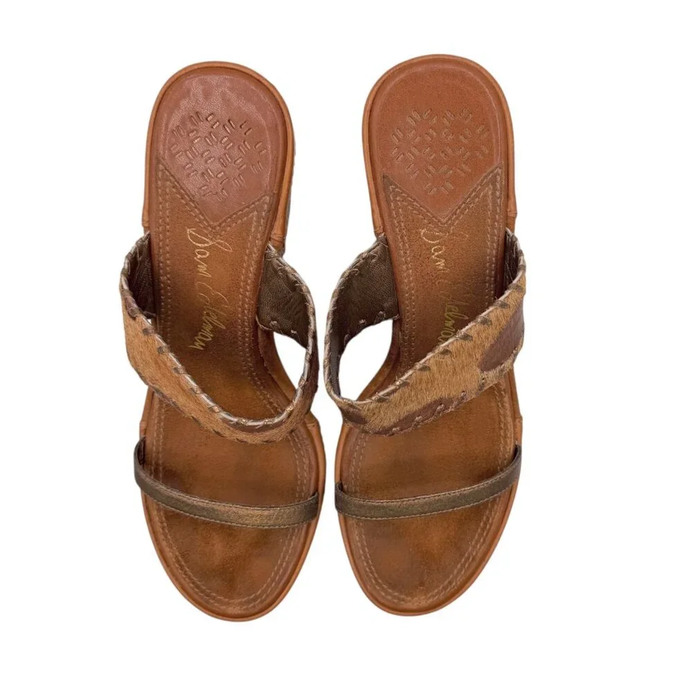 Sam Edelman Brown Y2K Boho Slip-On Calf Hair Strappy Wedge Heels Sandals (9.5)‎